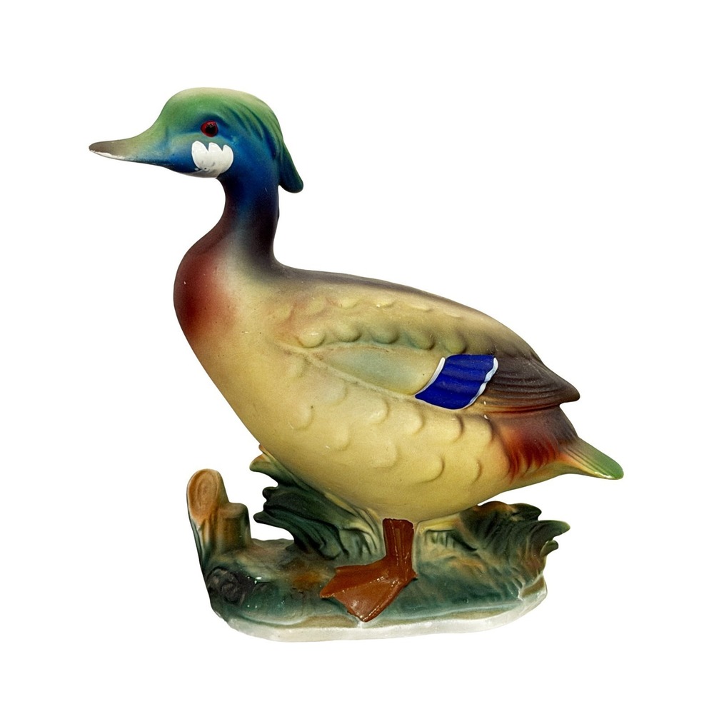 Vintage Duck Mallard Figure Ceramic Bisque Hand Painted 6.375" x 6.25" Rustic